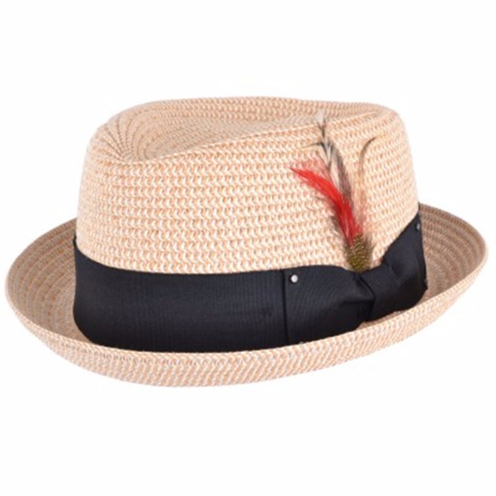 UNISEX Crushable Straw Summer Trilby Hat With Removable Feather - Picture 2 of 15