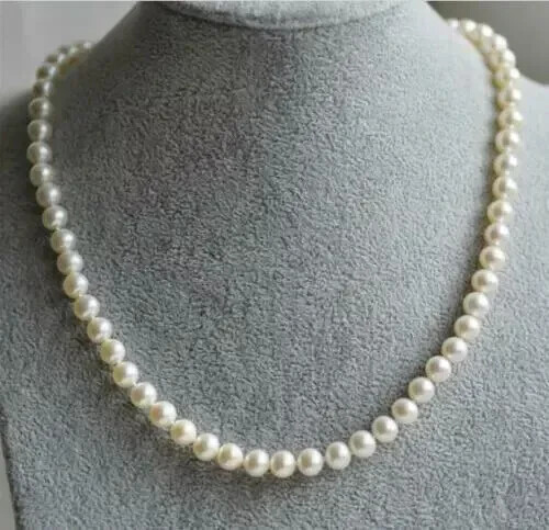 Precioso COLLAR DE PERLAS AKOYA BLANCAS GENUINAS AAA 7-8 MM Oro 14k 18 pulgadas - Imagen 2 de 3