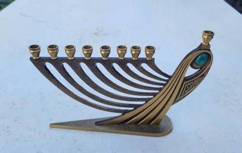 VINTAGE SOLID BRASS MENORAH WITH LAPIS STONE CHANUKKAH TAMAR 1969 ISRAEL - Picture 2 of 6