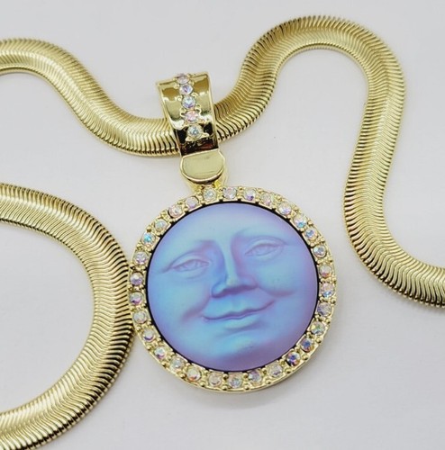 Kirks Folly Glass Seaview Moon Pendant Necklace Set 2pc Gold tone Tanzanite - Picture 2 of 10