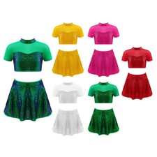 Kids Girls Sequins Splice Mesh Crop Tops with Skirt Set 2PCS Jazz Lyrical Dance
