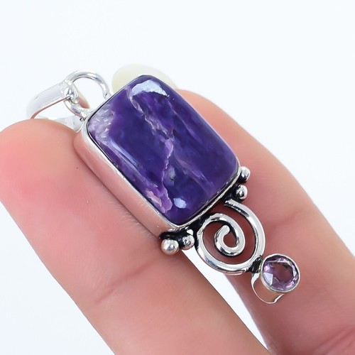 Charoite, Amethyst Gemstone Handmade Ethnic Silver Jewelry Pendant 1.8" PRJ16579 - Picture 4 of 4