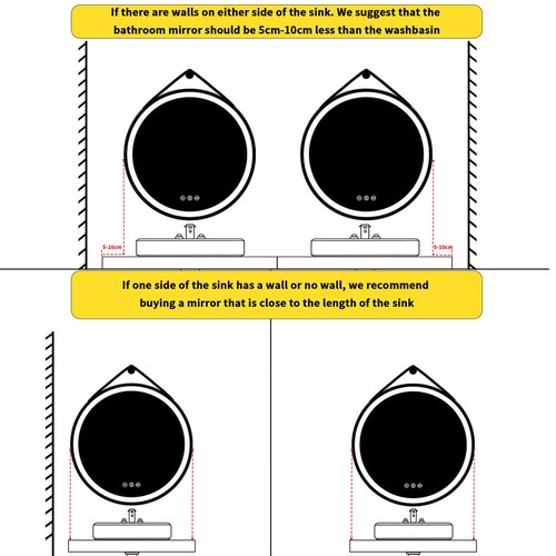 Round LED Bathroom Mirror Wall Hanging Dimmable Vanity Makeup Mirror with Strap - Picture 14 of 20