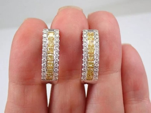 3Ct Cushion Lab-Created Yellow Canary Diamond Hoop Earring 14K White Gold Finish - Picture 4 of 4