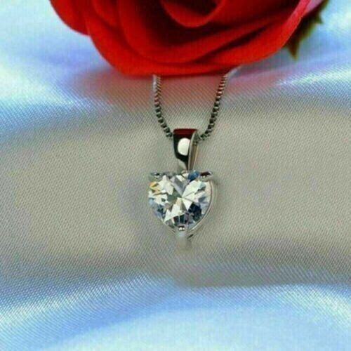 3 Ct Heart Cut Lab Created Diamond Solitaire Pendant 14K White Gold Plated - Picture 2 of 5