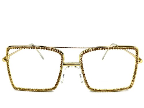 Womens Classy Elegant Modern Clear Lens EYE GLASSES Gold Metal Frame Rhinestones - Picture 4 of 8