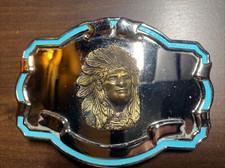 Vintage Chrome Belt Buckle w/ Bronze Indian Chief Head  Blue Turquoise Enamel