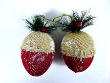 Burlap Acorns Christmas Ornaments Red Beige Pair Pine Adorned 5 Inches Long