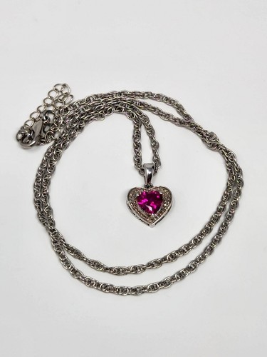 Sterling Silver Pink Stone Heart Pendant on Silver Tone Chain Necklace 18" - 21" - Picture 9 of 14