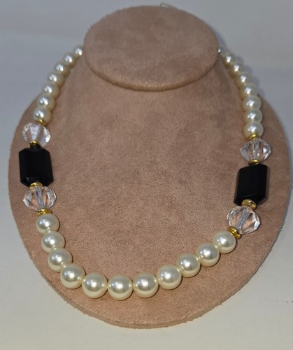 Faux Pearl Black Onyx Beaded Choker Necklace 18" Vintage Fashion Costume Jewelry - Picture 7 of 10