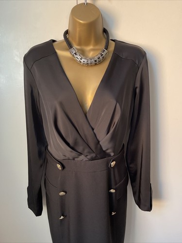 Lipsy Black Tuxedo Pencil Dress 16 Button Front Tux Party Occasion Long Sleeve - Picture 8 of 22