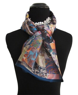 'Ebru Checkerboard' Multi-Color Silk Satin Scarf