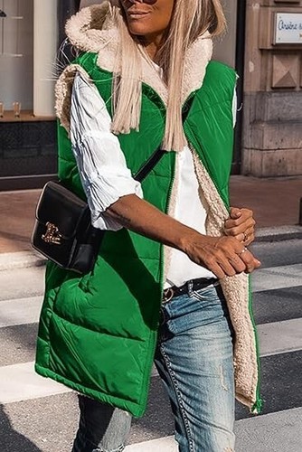 Gilet PrettyGarden donna taglia M verde reversibile lungo pile zip cappuccio nuovo con etichetta - Foto 4 di 5