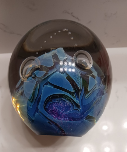 Large Signed Eickholt 4.5" Blues/Clear Controlled Bubble Paperweight 1988