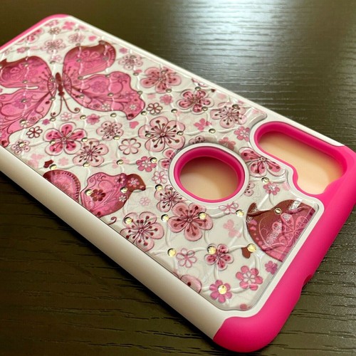 For Samsung Galaxy A11 - HARD HYBRID DIAMOND BLING CASE PINK BUTTERFLY FLOWERS - Picture 3 of 5