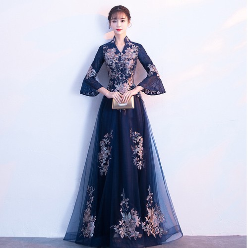 Womens Deep Vneck Banquet Evening Dress Long Dress Slim Long Sleeve A-line Skirt - Picture 6 of 14
