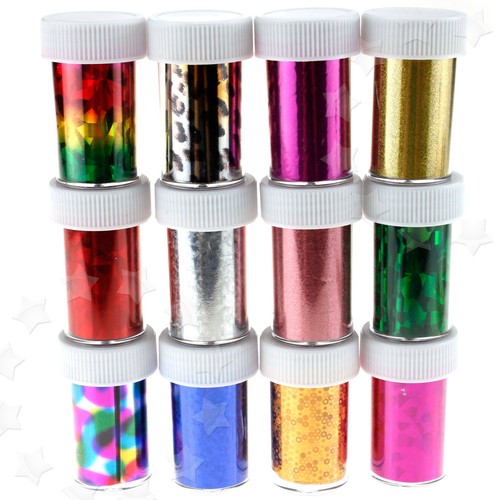 12 ROLLS TRENDY COLOR NAIL ART FOILS TIPS TRANSFER GLITTER TOOL KIT DECORATION - Picture 2 of 3