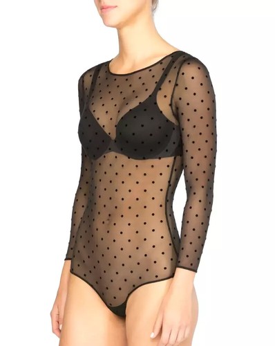 SPANX Smoothing Mesh Flocked Dot Thong Bodysuit  Sheer Black Sizes S L $54 NEW - Picture 4 of 12