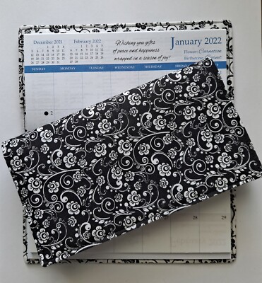Cotton Fabric Black & White Floral 2025-26 Pocket Calendar & Appointment Book