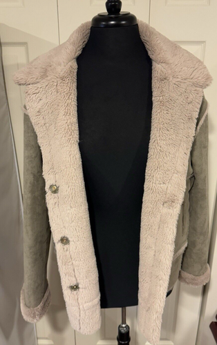 NVLT Mantel Jacke Gr. L grün beige Kunstfell Wildleder Leder Shearling Sherpa Moto - Bild 14 von 23