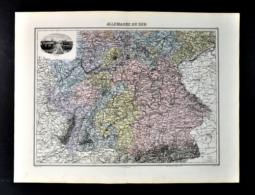 1880 Migeon Map - South Germany - Bavaria Baden Frankfurt Alps - Munich Scene - 第 1/2 張圖片