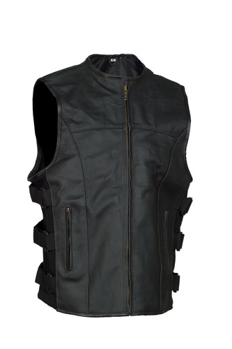 Men's SWAT Style Motorcycle Biker Leather vest with two concealed gun pockets - Picture 3 of 15