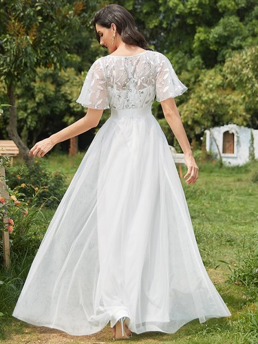Women's A-Line Short Sleeve Sequin Leaf Floor Length Evening Dresses - Picture 22 of 85