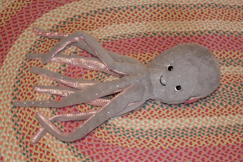 Peluche POULPE GRIS & ROSE SCINTILLANT 27" peluche coeurs métalliques GRANDE FANTAISIE - Photo 2/7