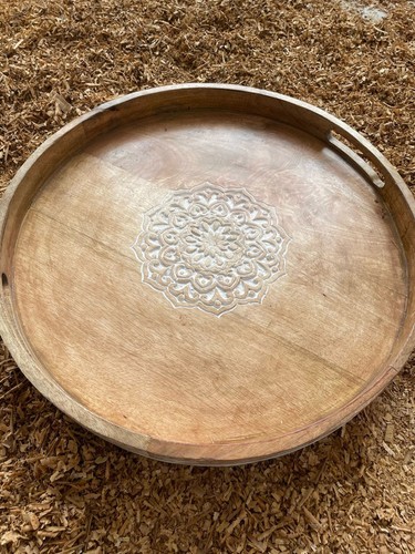 Handmade Wooden Lazy Susan | 15” Round Serving Tray with Mandala Carving Antique