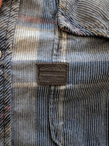 G Star Raw Shirt Mens Large Blue White Tartan Plaid Corduroy Landoh Pearl Snap - Picture 10 of 15
