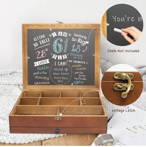 Wooden Baby Keepsakes Box with Picture Frame & Blackboard, Baby's First Year... - Picture 6 of 15