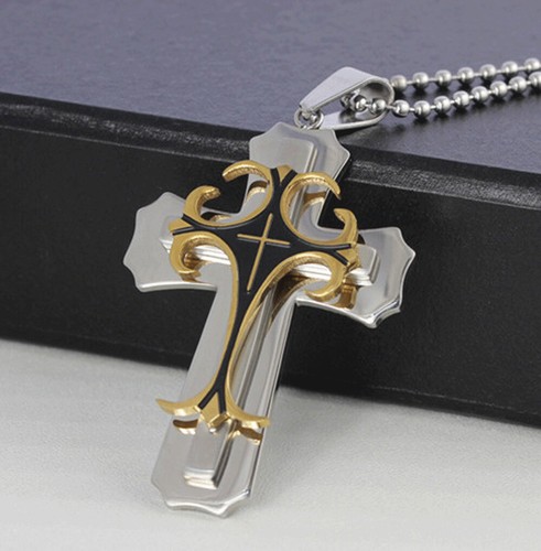Cross Pendant Necklace Stainless Steel Crucifix Cuban Gold Men Unisex New - Picture 2 of 5