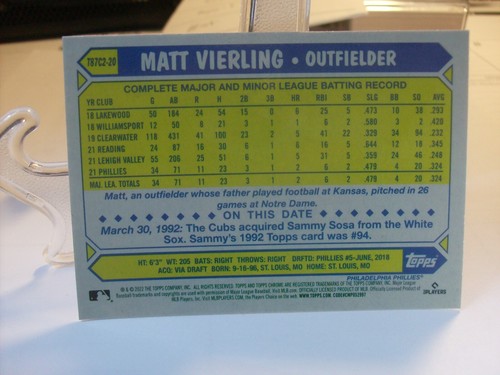 2022 Topps 1987 35 aniversario cromo #T87C2-20 - Matt Vierling 22-009 - Imagen 2 de 2