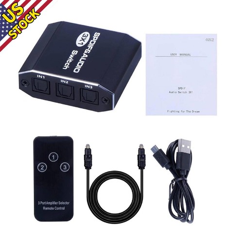 3x1 Aluminum Spdif Toslink Optical Digital Audio Splitter Remote Switch Hub c