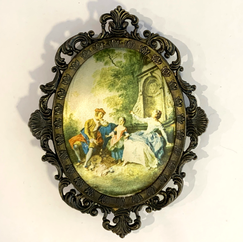 Vintage Italy - Rococo-Style "Seated Courtiers" Silk Print in Brass Frame 13cmH - Bild 2 von 8