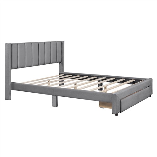 Queen Size Bed Frame Velvet Upholstered Platform Bed w/ Drawers & Headboard - Picture 6 of 17