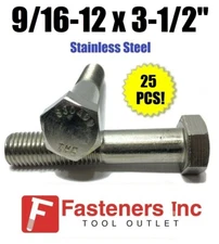 (Qty 25) 9/16-12 x 3-1/2" Stainless Steel Hex Cap Screw / Bolt 18-8 / 304