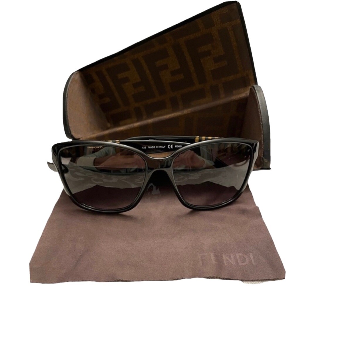 FENDI Square Frame Black & Gold Sunglasses With Case & Cloth