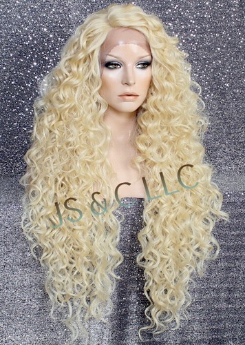 Human Hair Blend Full Lace Front Wig Long Curly Pale Blonde Heat OK 613 ROM - Picture 3 of 9