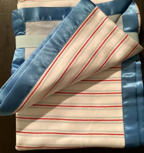 Carter's Just One Year Knit Baby Blanket Blue Red White Stripes Bear Satin Edge - Picture 6 of 7