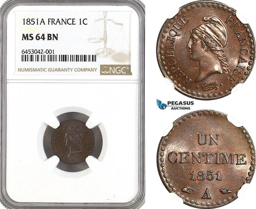 AH187, France, Second Republic, 1 Centime 1851 A, Paris Mint, NGC MS64BN