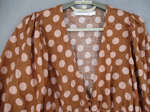 Zimmermann Dress Womens 1 Brown Pink Linen Polka Dot Puff Button Plunge Shirred - Picture 2 of 20
