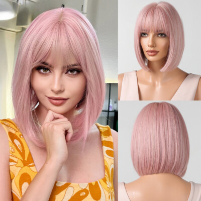 ? Women Pink Short Bob Wigs Straight Bangs 12Inch Heat Resistant Hair Natural Amazon.com : Aida ble Pink Bob Wig With Bangs Short Pink Wig  main image 2