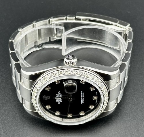 Rolex Mens Datejust 41mm Oyster Steel Watch ICED 3ct Diamond Black Dial 116300 - Picture 3 of 8
