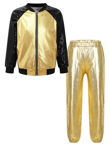 Kids Boys Girls Jazz Hip Hop Modern Shiny Metallic Jacket and Pants Dancewear - Picture 51 of 255