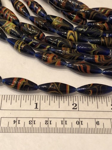 Blu semitradotto vintage 15,5" con perline in piuma fiamme vetro arancione e giallo - Foto 9 di 9