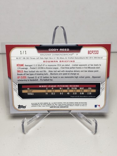 2015 Bowman Chrome Cody Reed #BCP233 novato superfractor 1/1 - AZ Diamondbacks - Imagen 2 de 2
