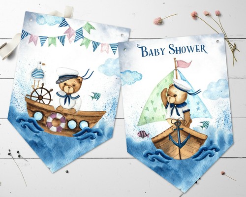 Cute Nautical Little Sailor Teddy Bear Baby Shower Bunting & Ribbon - Picture 3 of 3