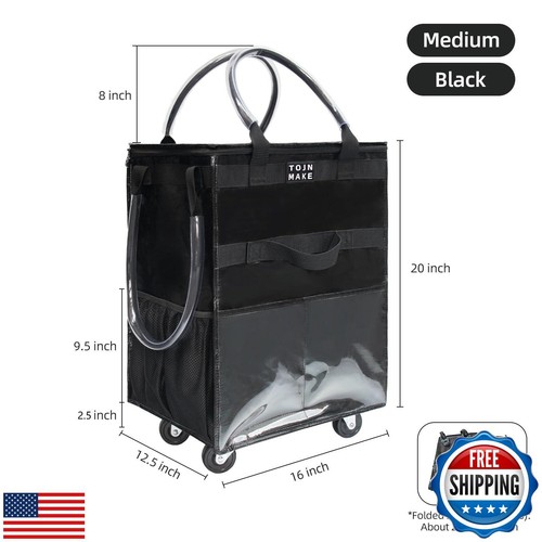 Bolsa de supermercado reutilizable con ruedas (mediana - negra), bolsa de mano con ruedas, coche de compras - Imagen 2 de 5
