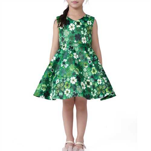 Klassisches Mädchen Kleeblatt bedruckt grün Kleid Sommer Urlaub Prinzessin Kleid 2-12 Jahre - Bild 9 von 10